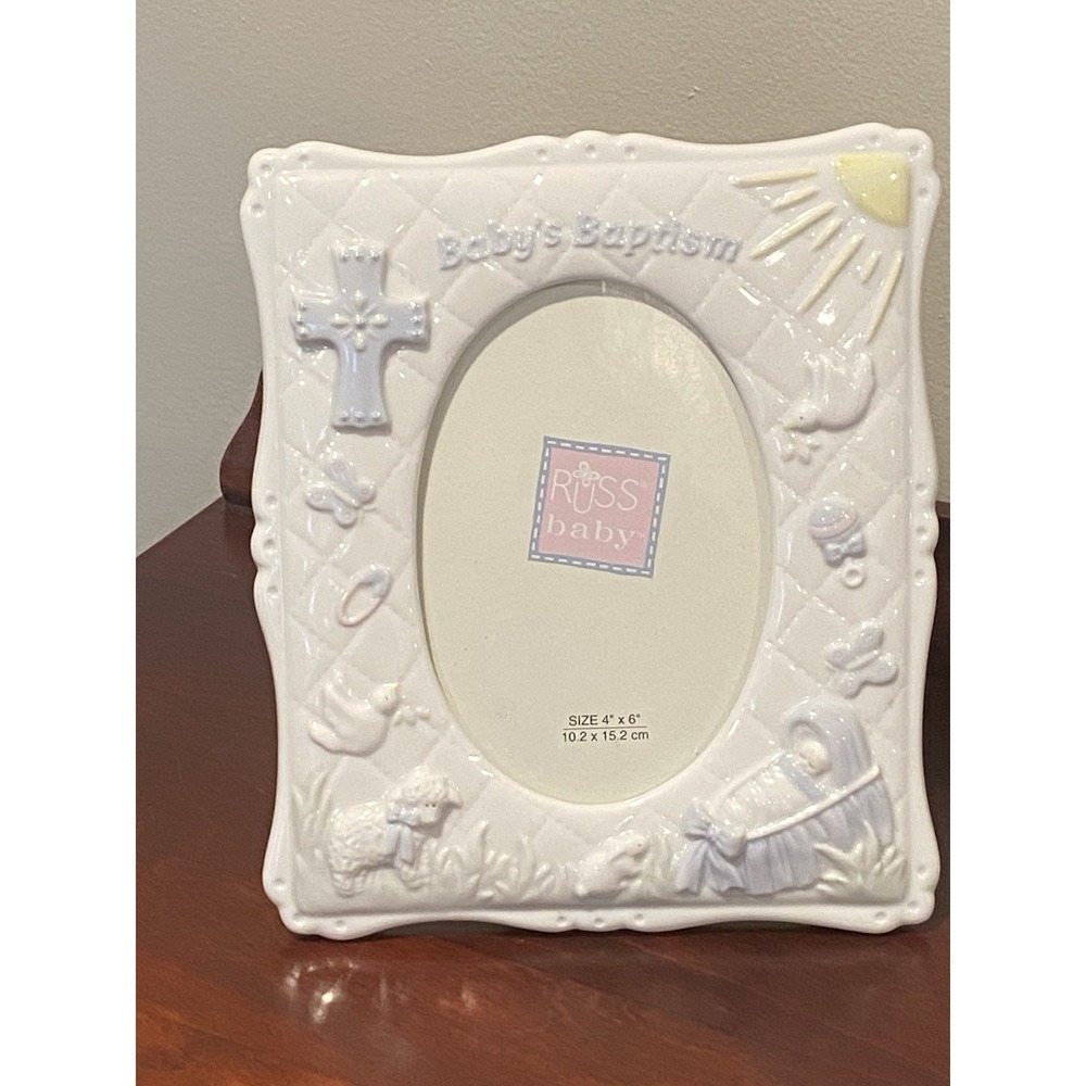 Russ Ceramic Photo Frame Baptism Baby Blue 4x6 Portrait Layout Picture Holder‎
